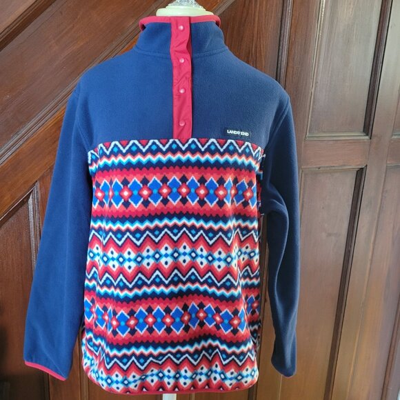 Lands End Womens Aztec Fleece Pullover Navy Blue & Red NWOT - Picture 2 of 11